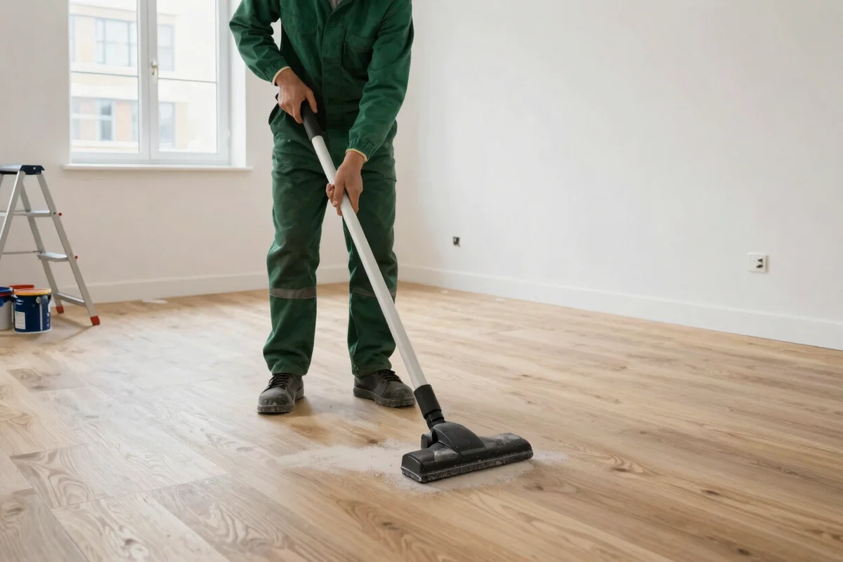 Cleaner removing construction dust from a newly renovated flat