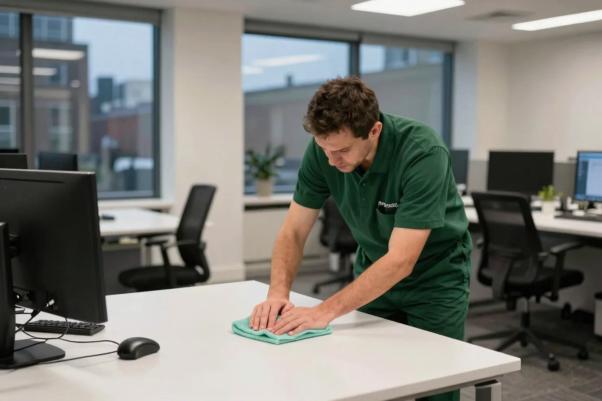 Cleaner wiping down a desk in a modern office